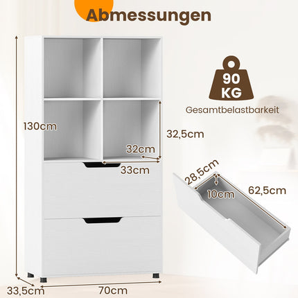 Bibliotecă cu 4 cuburi și 2 sertare, 130 cm, alb