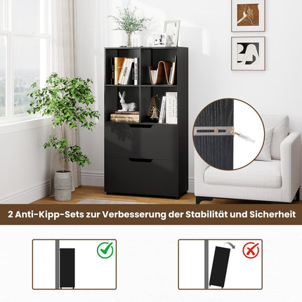Bibliotecă cu 4 cuburi și 2 sertare, neagră, 130 cm