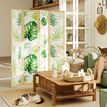 Paravan pliabil cu 4 panouri, design boho cu palmieri, verde