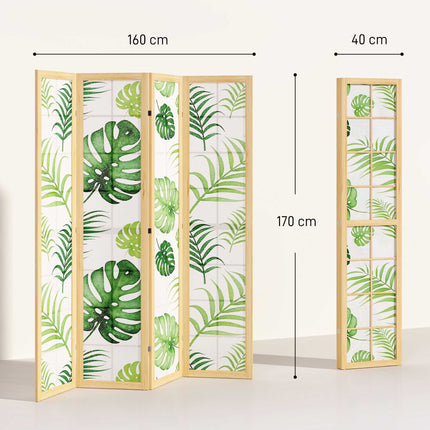 Paravan pliabil cu 4 panouri, design boho cu palmieri, verde