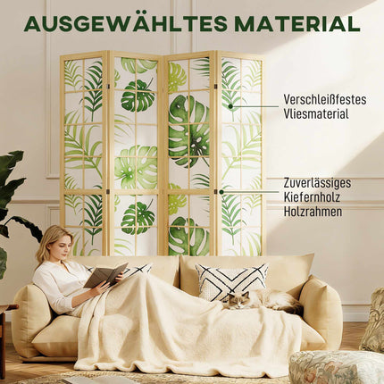 Paravan pliabil cu 4 panouri, design boho cu palmieri, verde