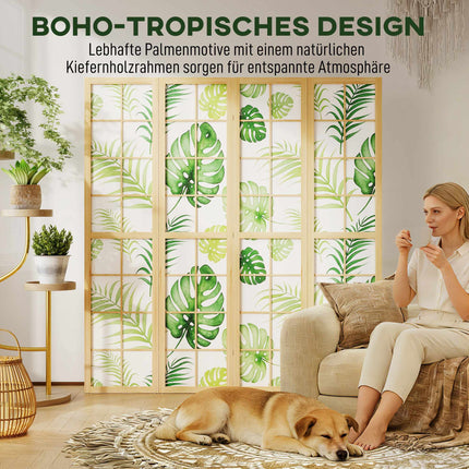 Paravan pliabil cu 4 panouri, design boho cu palmieri, verde