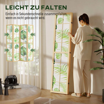 Paravan pliabil cu 4 panouri, design boho cu palmieri, verde