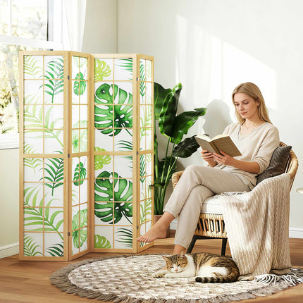 Paravan pliabil cu 4 panouri, design boho cu palmieri, verde