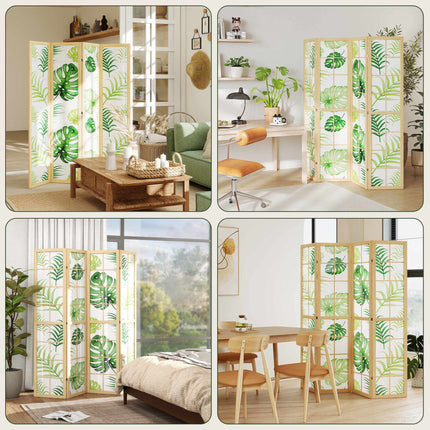 Paravan pliabil cu 4 panouri, design boho cu palmieri, verde