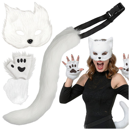 Set costum pisică/vulpe, format din 4 piese, alb, coadă reglabilă