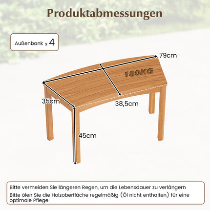 Set de 4 bănci de exterior din lemn de salcâm curbat