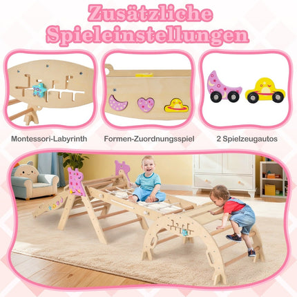 Set de cățărat pentru copii, format din 4 piese, cu tobogan și arc – lemn natural