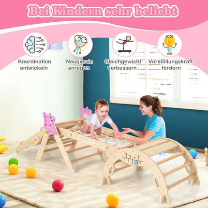 Set de cățărat pentru copii, format din 4 piese, cu tobogan și arc – lemn natural