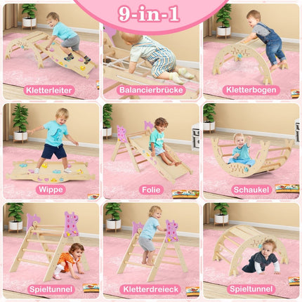 Set de cățărat pentru copii, format din 4 piese, cu tobogan și arc – lemn natural