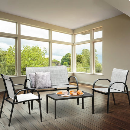 Set de mobilier de exterior din 4 piese, țesătură respirabilă, gri