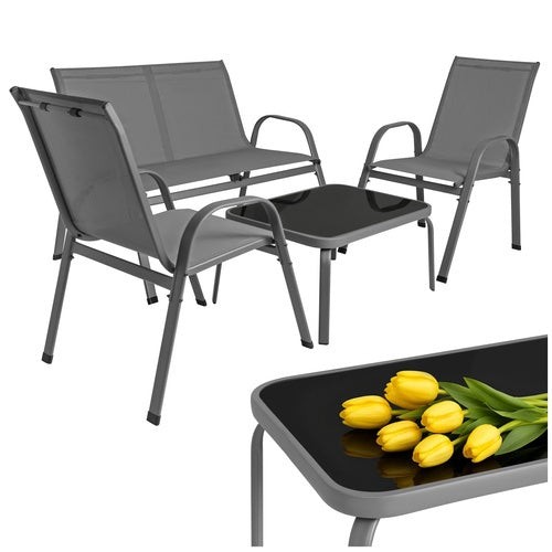 Set de mobilier de exterior cu 4 piese, oțel și sticlă, gri