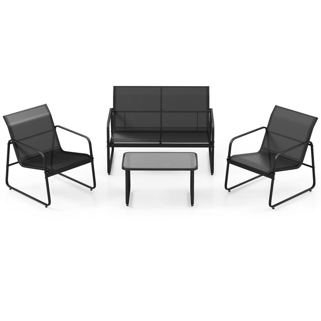 Set de lounge de exterior cu 4 piese, 2 scaune, canapea extensibilă, masă de sticlă