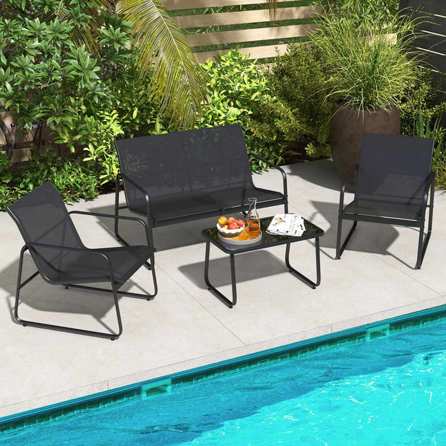 Set de lounge de exterior cu 4 piese, 2 scaune, canapea extensibilă, masă de sticlă