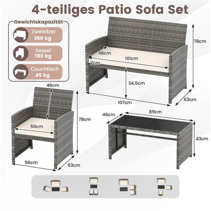 Set de mobilier de terasă cu 4 piese, scaune și masă din ratan