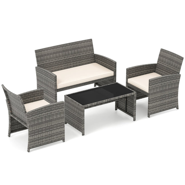 Set de mobilier de terasă cu 4 piese, scaune și masă din ratan