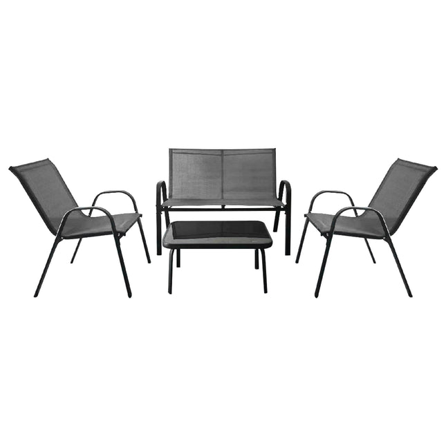 Set de terasă cu 4 piese – cadru metalic, scaune din material textil, masă din sticlă