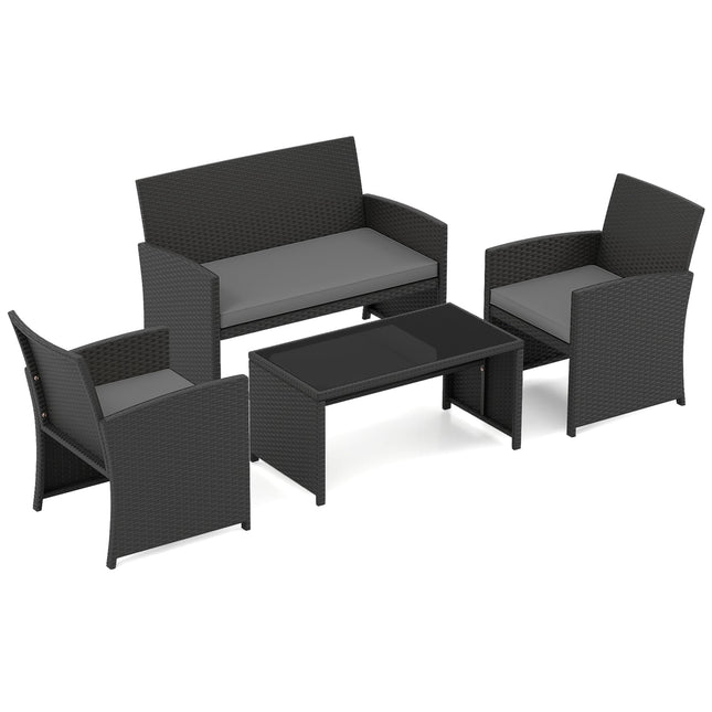 Set canapele de exterior din ratan, format din 4 piese, cu masă de sticlă, gri