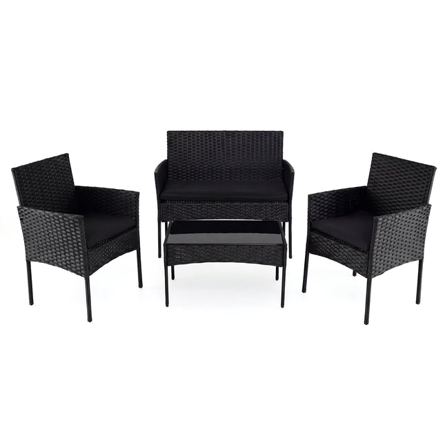 Set de mobilier de terasă din ratan, 4 piese, perne, negru
