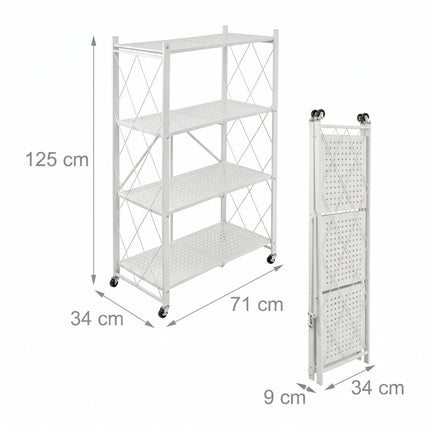 4-Tier Folding Steel Shelving Unit with Castors and Brakes, White, 125 cm