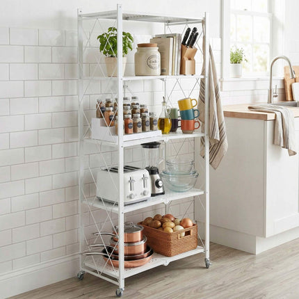 4-Tier Folding Steel Shelving Unit with Castors and Brakes, White, 125 cm