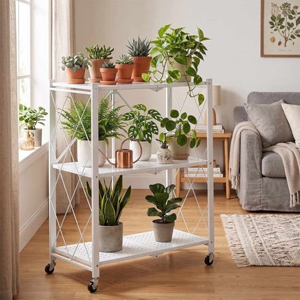 4-Tier Folding Steel Shelving Unit with Castors and Brakes, White, 125 cm
