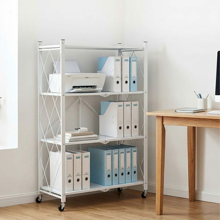 4-Tier Folding Steel Shelving Unit with Castors and Brakes, White, 125 cm