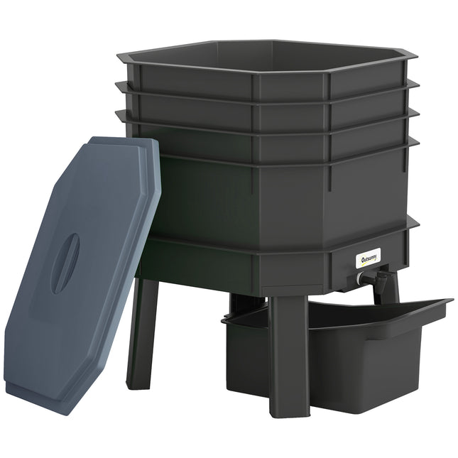 Compost de bucătărie cu 4 niveluri – Gri închis, Plastic, 39x39x51,5 cm
