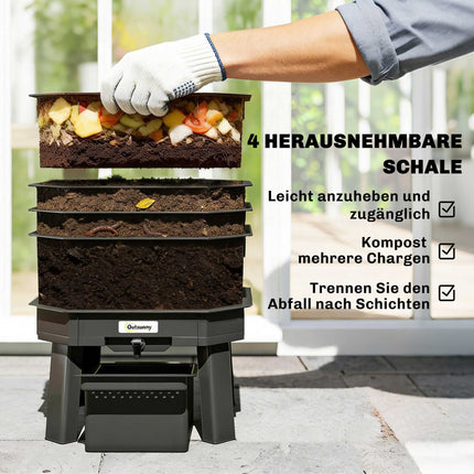 Compost de bucătărie cu 4 niveluri – Gri închis, Plastic, 39x39x51,5 cm