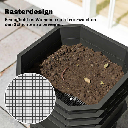 Compost de bucătărie cu 4 niveluri – Gri închis, Plastic, 39x39x51,5 cm