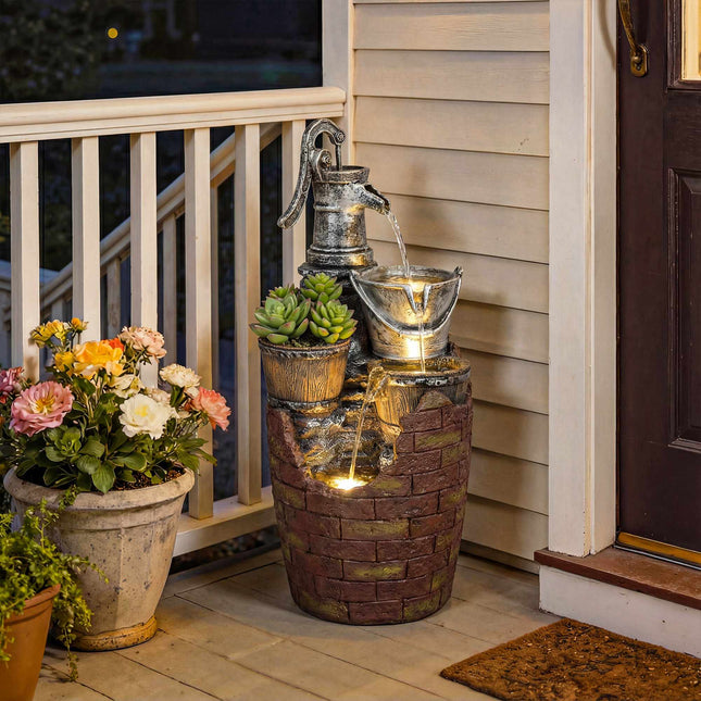 Fântână rustică de grădină cu 4 niveluri, lumini LED și jardinieră