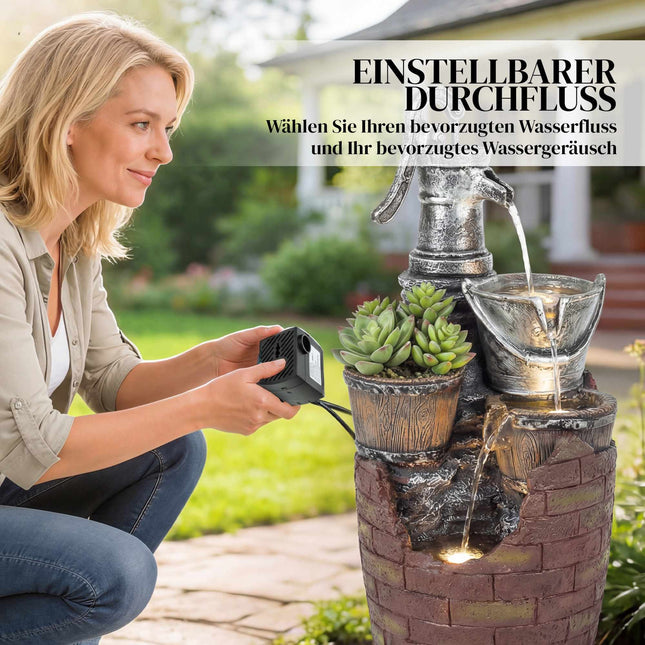 Fântână rustică de grădină cu 4 niveluri, lumini LED și jardinieră