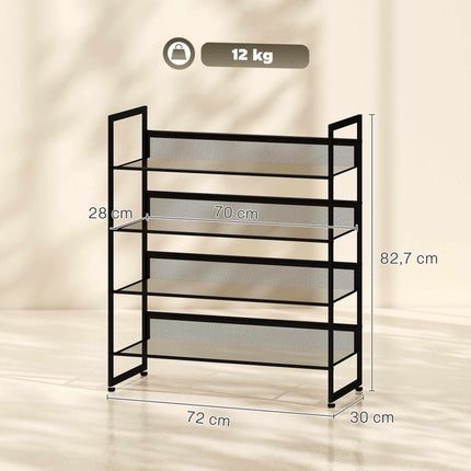 4-Tier Shoe Rack with Mesh Shelves for Up to 12 Pairs, Black, 72 x 30 x 82.7 cm
