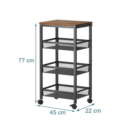 Cărucior de bucătărie subțire cu 4 niveluri – Metal și MDF, Depozitare mobilă