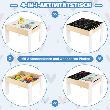 Set de masă din lemn pentru copii 4 în 1 cu depozitare, alb