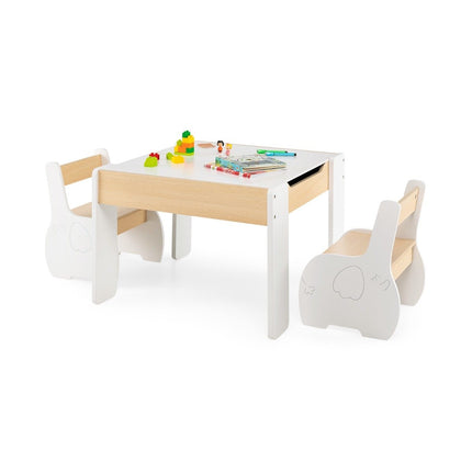 Set de masă din lemn pentru copii 4 în 1 cu depozitare, alb