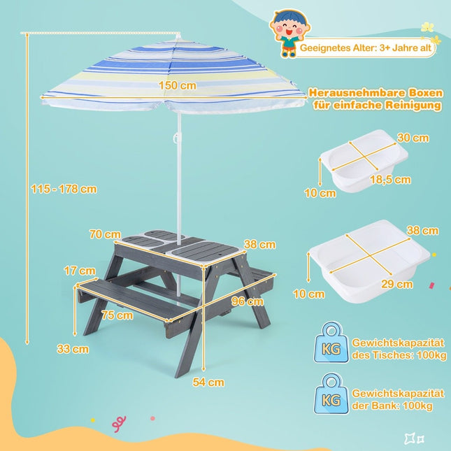 Set masă de picnic 4 în 1 pentru copii cu 3 containere detașabile pentru masă de joacă cu nisip/apă