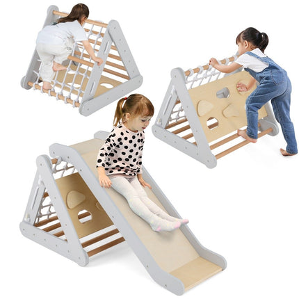 Triunghi de catarare 4 in 1 cu tobogan din lemn 62,5 x 64 x 57,5 cm gri