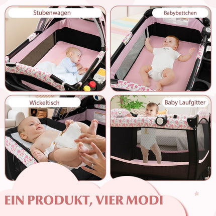 Patut de voiaj 4 in 1 cu saltea pat lateral rabatabil cu baldachin reglabil flori roz