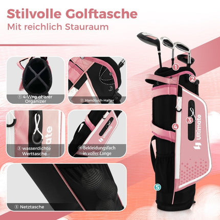 4-piece children's golf club set with golf bag and rain cover for children aged 5-7 years, pink