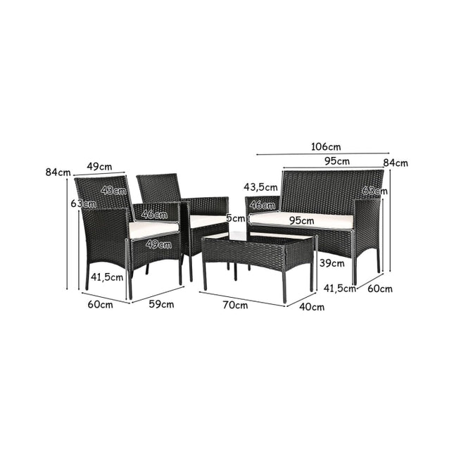 Set de mobilier de gradina din 4 piese Set de mobilier de balcon din ratan cu perne de scaun pentru 4 persoane
