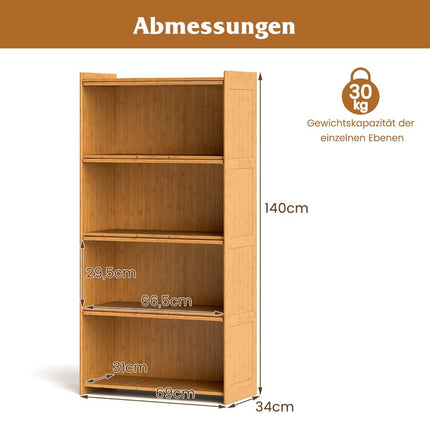 Bibliotecă pe 4 etaje cu uși acrilice vitrină din bambus 69 x 34 x 140 cm natural