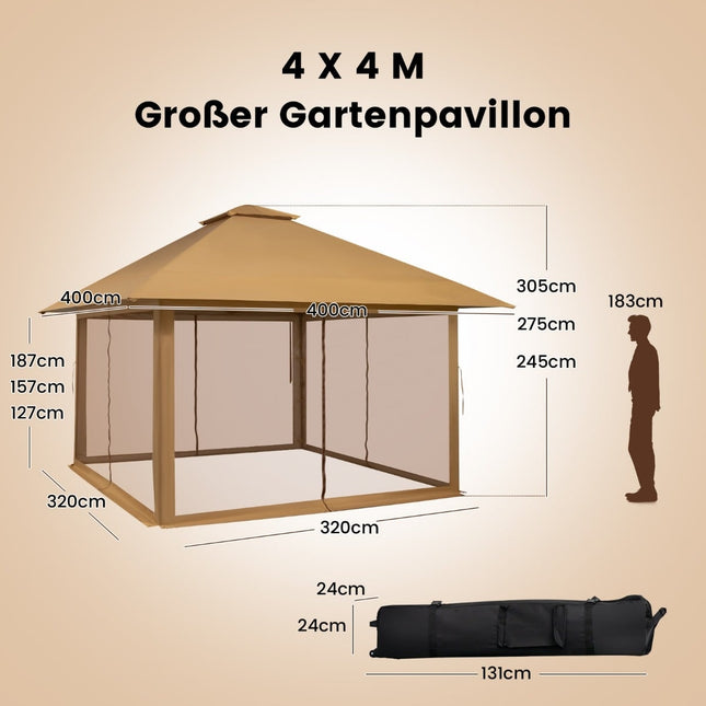 Pavilion exterior 4x4m cu pereți din plasă, protecție UV