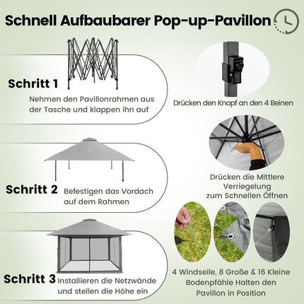 Foișor de grădină 4 x 4 m cu pereți laterali plasă protecție UV 50+ gri