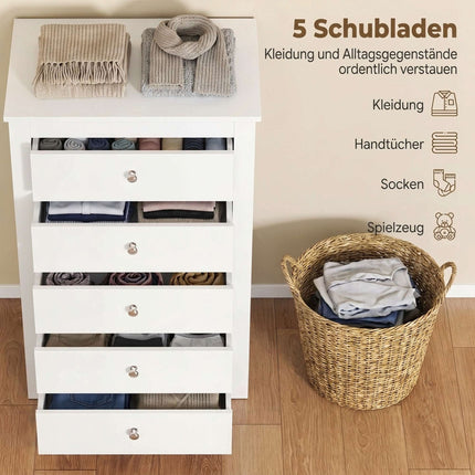 5-Drawer Chest of Drawers 60 x 39.5 x 95.3 cm for Bedroom, White, Anti-Tip Kit