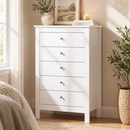 5-Drawer Chest of Drawers 60 x 39.5 x 95.3 cm for Bedroom, White, Anti-Tip Kit