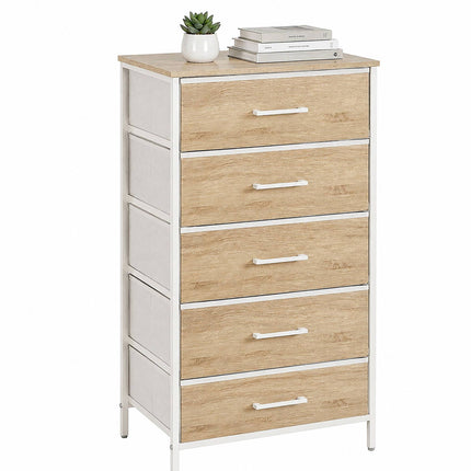 Comodă cu 5 sertare din material textil, aspect lemn, 94x45x30 cm