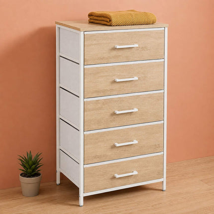 Comodă cu 5 sertare din material textil, aspect lemn, 94x45x30 cm