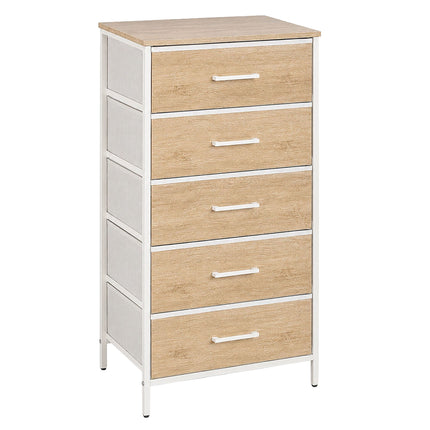 Comodă cu 5 sertare din material textil, aspect lemn, 94x45x30 cm
