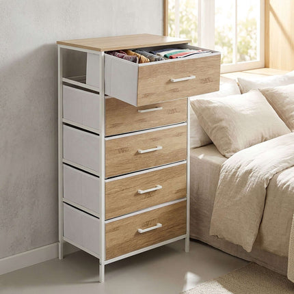 Comodă cu 5 sertare din material textil, aspect lemn, 94x45x30 cm